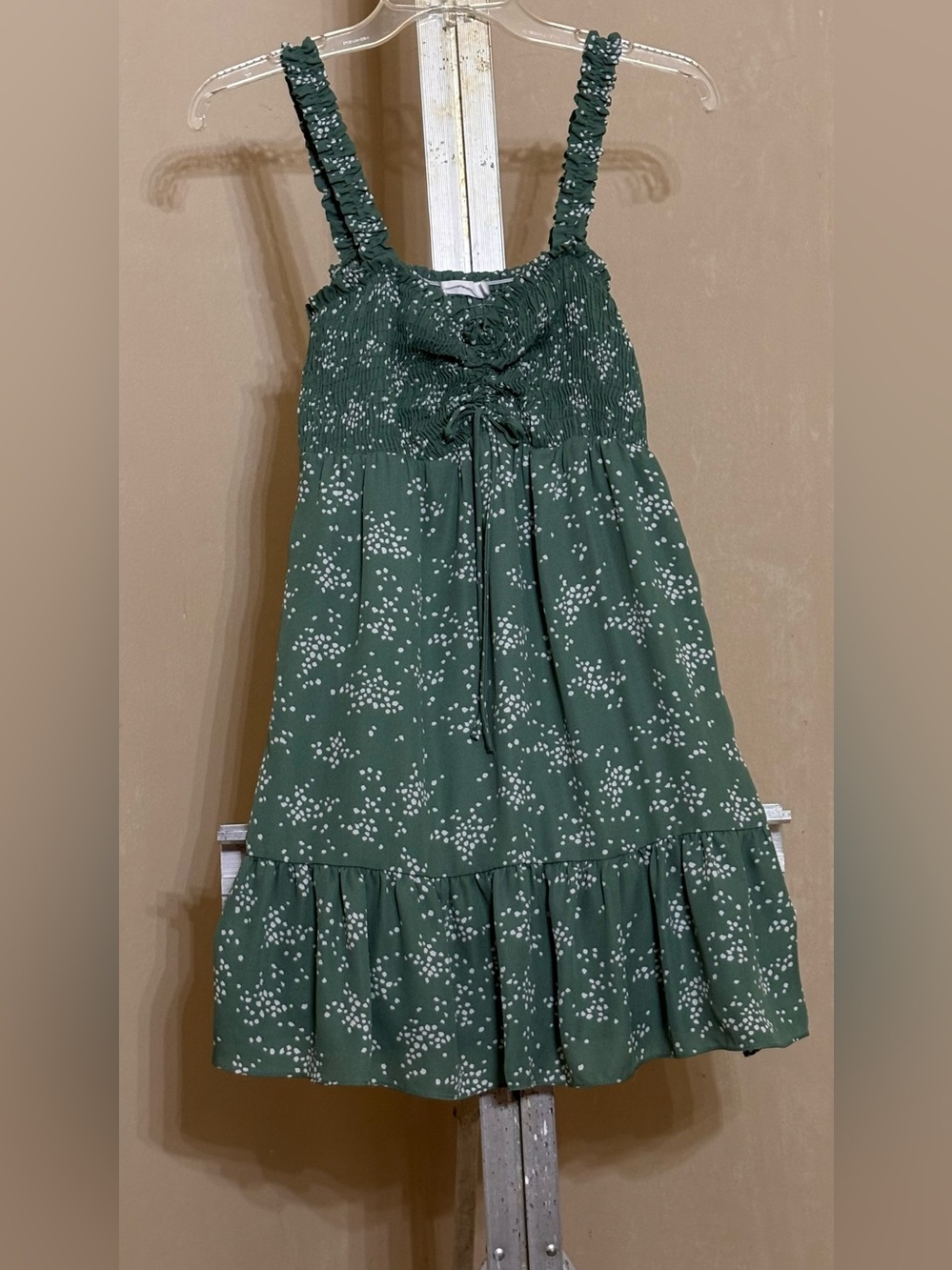 Lush Forest Green Mini Dress with White Dot Print